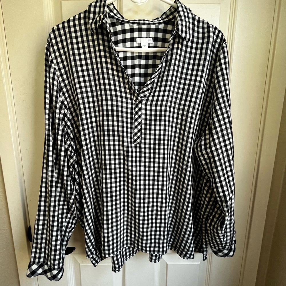 J. Jill Gingham Check Print Popover Top Black and White Long Sleeve Size XL